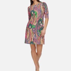Tommy Hilfiger Women’s Size 12 Paisley Pink/Green Ruched -Sleeve Shift Dress
